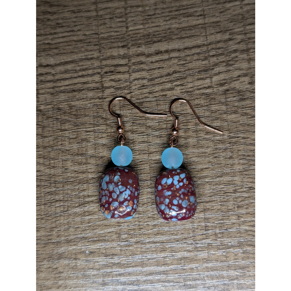 Blue & Brown Glass Dangle Earrings with Rose Gold Hooks Handmade Speckled Bead - Picture 4 of 8